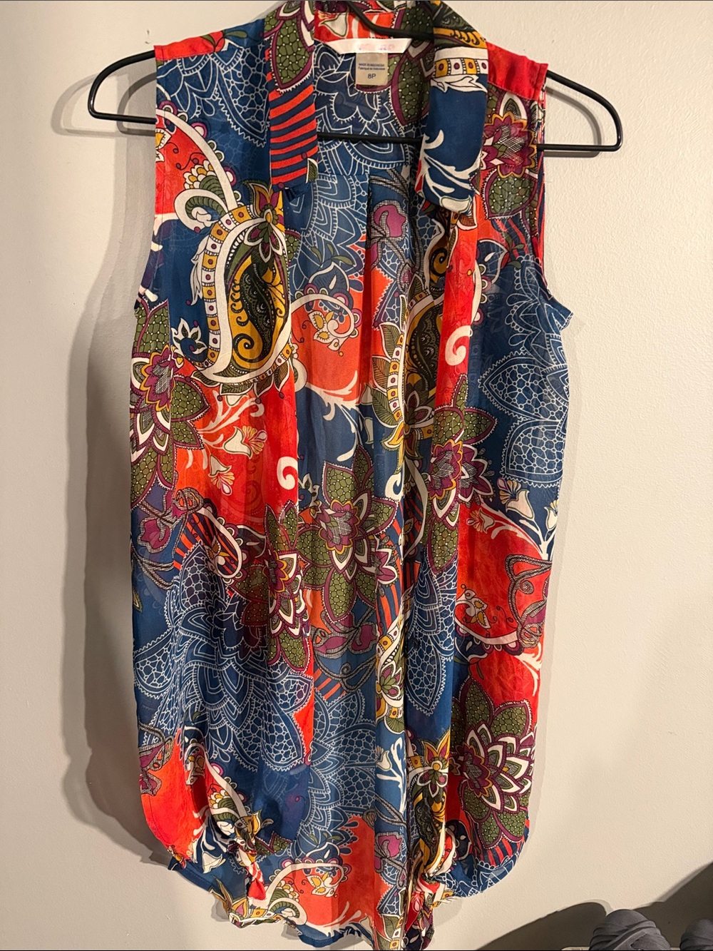 Boho Sleeveless Paisley Button Front Blouse Petite Size 8